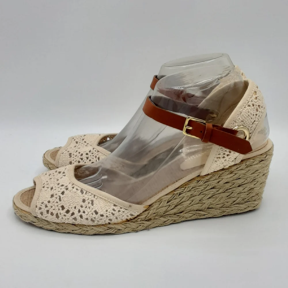 Lauren Ralph Lauren Cream and Brown Espadrille Wedges with Ankle Strap
